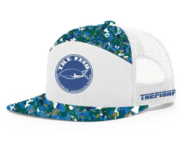 "Camouflage hat designed for spearfishing and freediving enthusiasts, shown against a coastal background." "High-quality camouflage hat from The Fish Fin Blades Apparel, perfect for outdoor adventures." "Close-up of a camouflage hat featuring sun protection and quick-drying material, ideal for spearfishing." "Diver wearing a camouflage hat by The Fish Fin Blades Apparel, relaxing on a boat after a successful dive." "Stylish and durable camouflage hat designed for ocean and water sports enthusiasts."